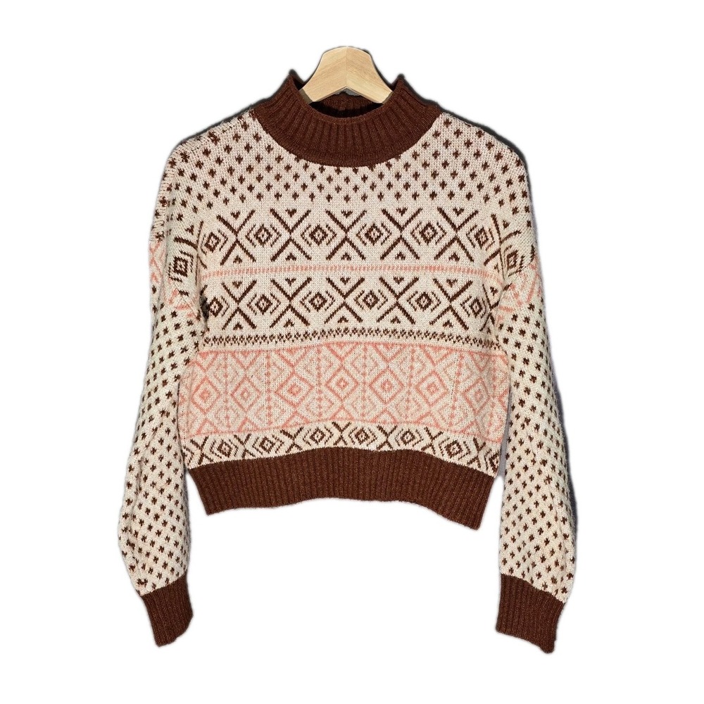 American Eagle Fair Isle Boho Cropped Knit Sweater Brown Ivory Women's XS - Picture 2 of 6